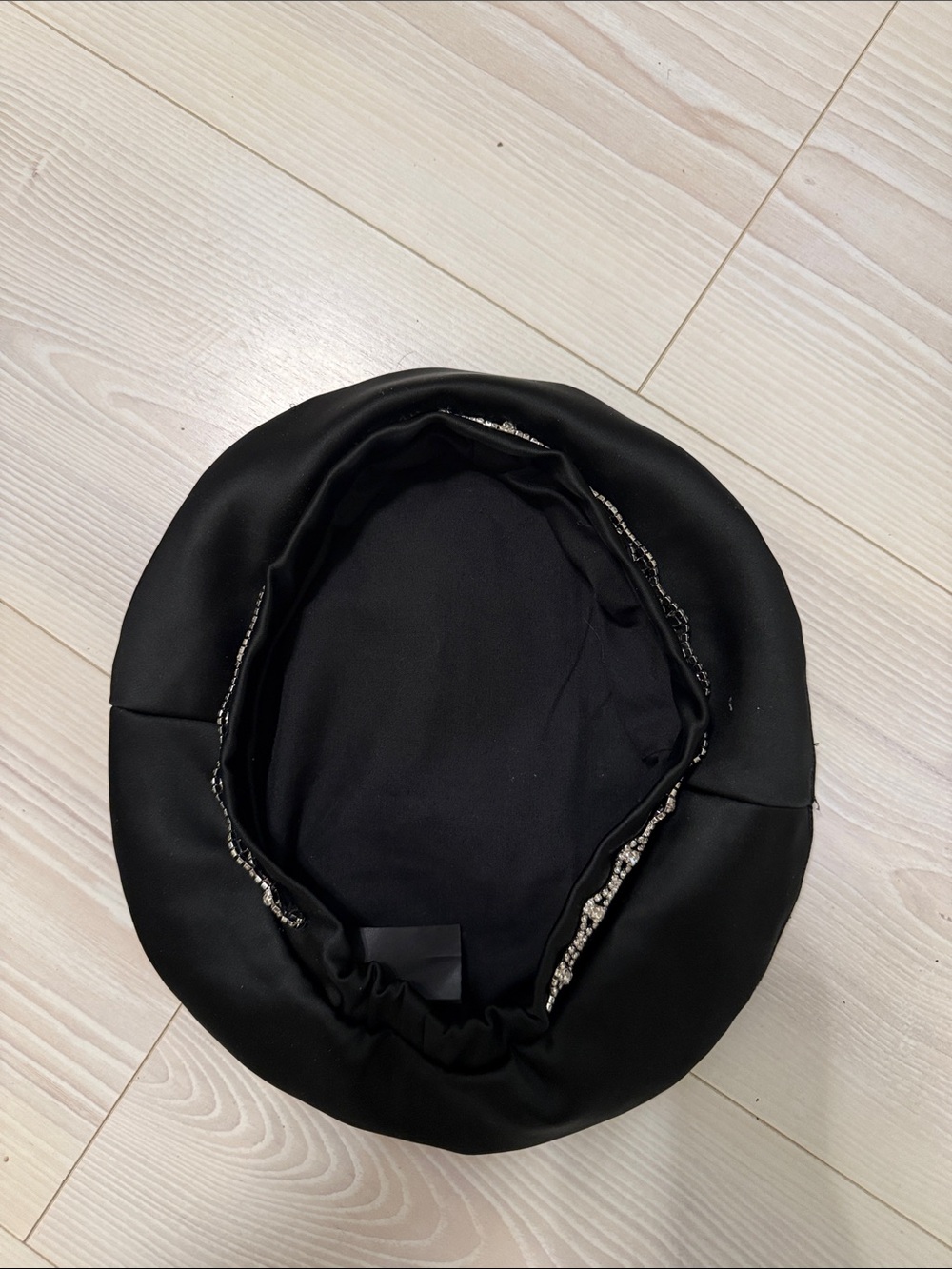 Zara Black Satin Beret with Beaded Trim
